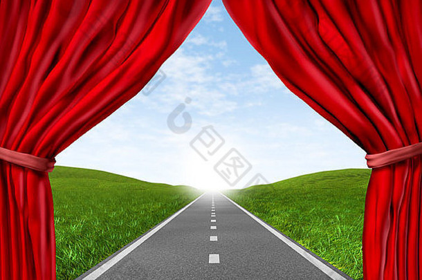 开放路高速公路红色的天鹅绒窗帘窗帘绿色草沥青街代表概念旅程集中目的地结果成功幸福