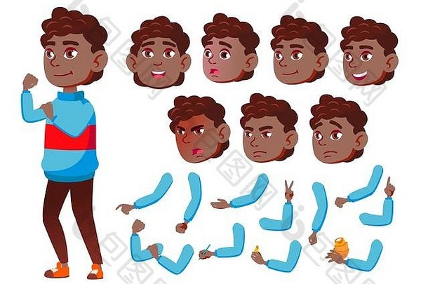 青少年男孩向量黑色的非洲式发型美国少年高加索人积极的脸情绪手势动画创建集孤立的平卡通字符插图
