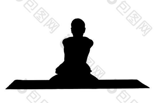 轮廓运动美丽的年轻的男人。练习瑜伽坐着盘腿阿杜穆卡padmasana弯曲向前变异莲花构成