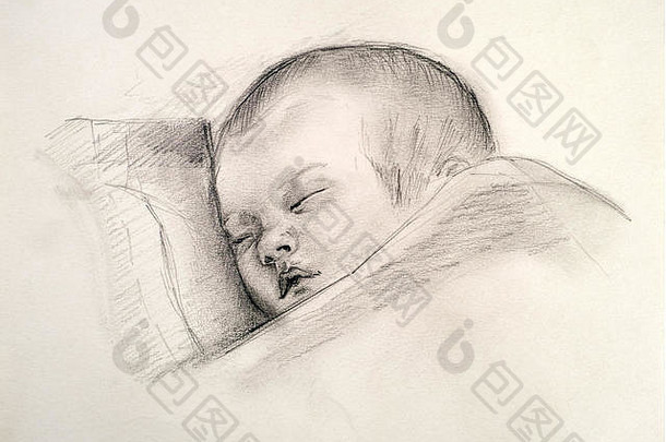 睡觉婴儿铅笔手画黑色的白色