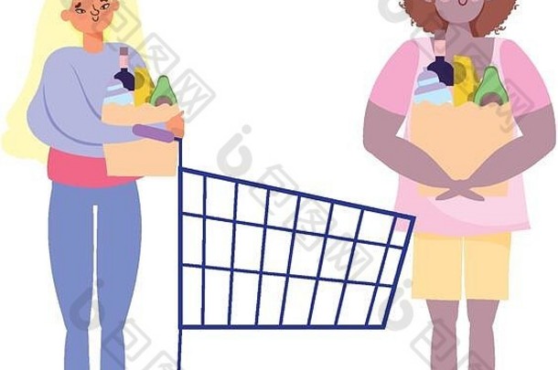 人捂货惜售购买男人。女人购物车袋食物超市向量插图