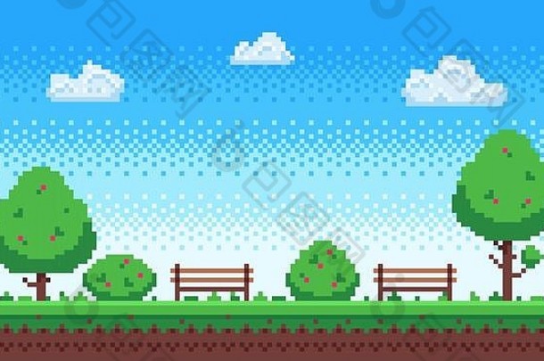 像素公园复古的位游戏蓝色的天空像素树公园板凳上向量插图