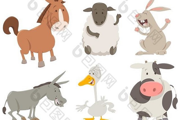 卡通插图快乐的农场动物字符集合