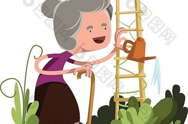 奶奶浇水花园向量插图卡通字符