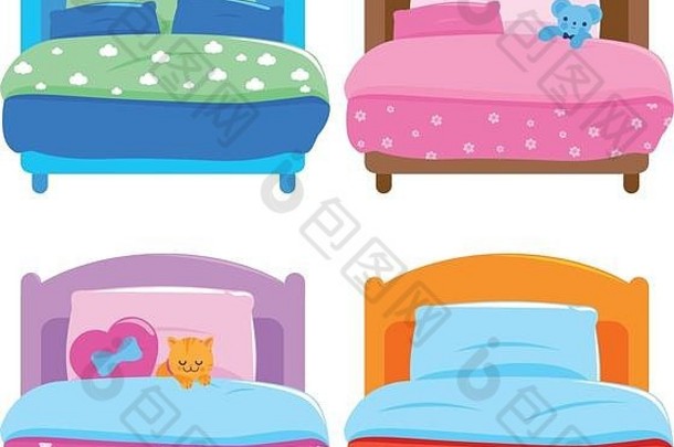 向量插图集合孩子们的床色彩斑斓的毯子