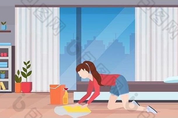 家庭主妇洗地板上膝盖女人更清洁的布桶女孩做家务清洁服务概念现代卧室室内完整的