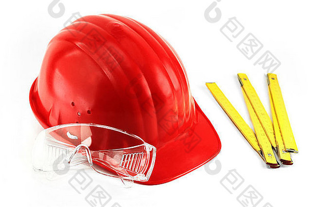 红色的保护头盔透明的保护眼镜黄色的计