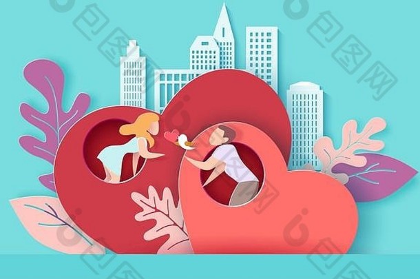 情人节一天卡夫妇持有鸟爱红色的心现代城市背景向量纸艺术插图纸减少工艺风格