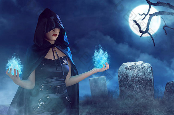 亚洲女巫女人蓝色的火手墓地满月雾覆盖