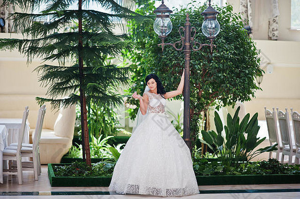 诱惑模型浅黑肤色的女人新娘令人兴奋的婚礼衣服构成灯笼婚礼大厅