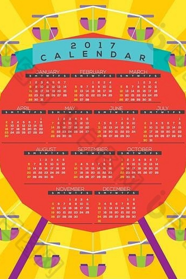 色彩斑斓的摩天轮可打印的日历开始周日向量插图