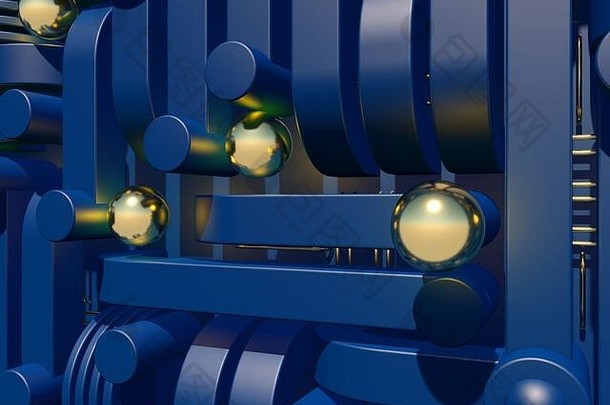 蓝色的工业技术抽象闪亮的金球连接管道插图