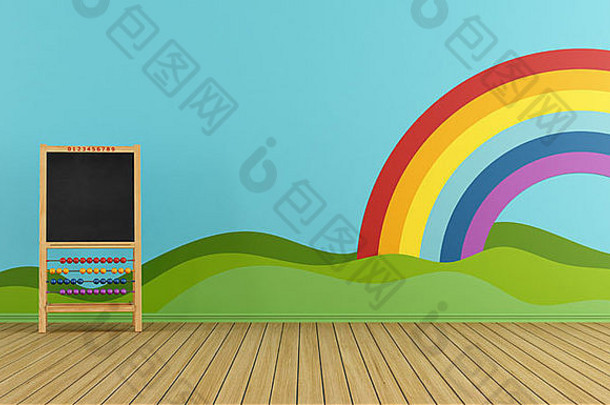 游戏室黑板上彩虹绿色山墙呈现