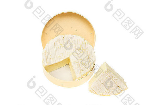 轮质奶酪盒子片减少孤立的白色