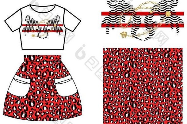 衣服裙子模式设计女孩红色的豹污渍现代衬衫打印集
