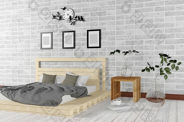 白色最小的阁楼风格卧室室内简单的生活概念