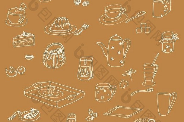 手绘向量壁纸早餐成分零食孤立的棕色（的）背景