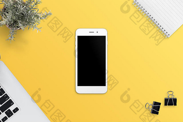 简单的平场景白色聪明的电话黄色的桌子上空白屏幕应用程序响应网络网站促销活动移动PC电脑植物记事本