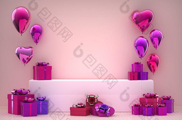 模拟产品基座显示房间粉红色的心气球生日礼物庆祝活动现在盒子空空间广告促销活动合伙人