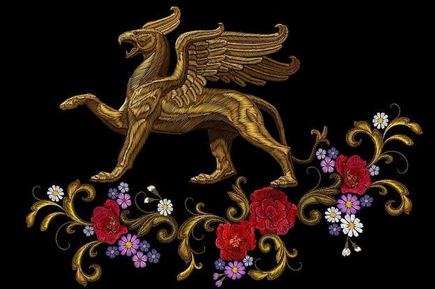 金变形刺绣格里芬纺织补丁设计时尚装饰点缀织物打印黄金黑色的背景传奇神话仙女字符狮子鹰向量插图