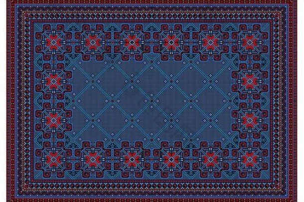 模式东方地毯蓝色的红色的颜色相交蓝色的条纹运行中心