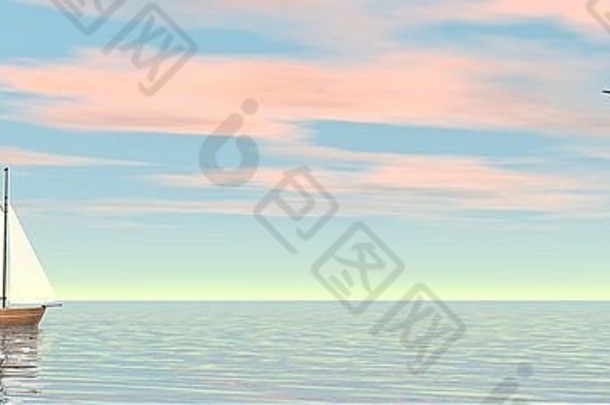 小帆船浮动安静的水海鸥粉红色的多云的日落