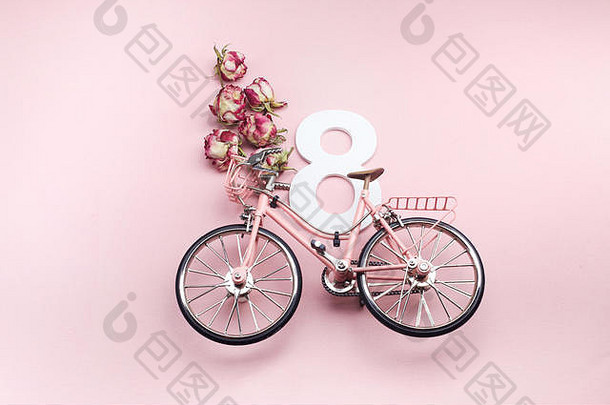 快乐国际女人的一天庆祝3月数量粉红色的自行车粉红色的背景