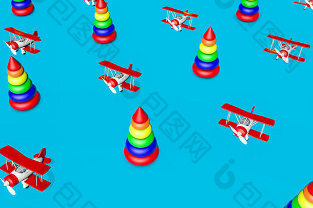 玩具双翼飞机孩子们的金字塔蓝色的背景llustration呈现