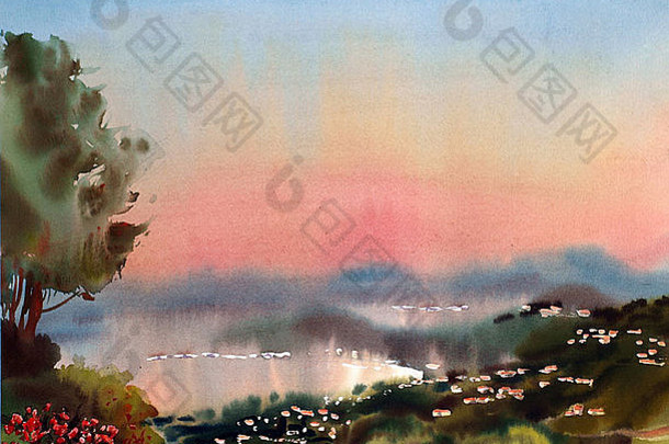 水彩绘画景观日落科特d azur法国