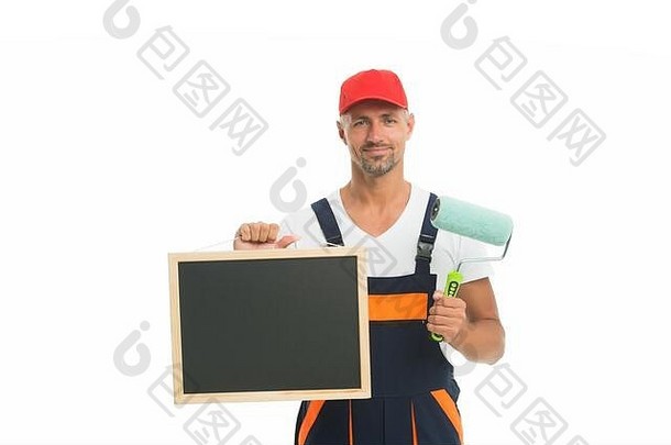 墙画家油漆商店改造修复提示黑板复制空间油漆滚动装饰持有油漆辊更新重新装修专业设备成熟的男人。帽