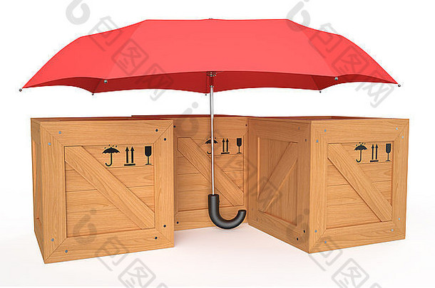 木盒子覆盖红色的伞孤立的白色背景