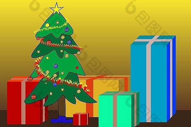 插图圣诞节树圣诞节礼物向量