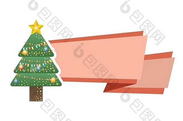 快乐圣诞节松树颜色灯丝带框架