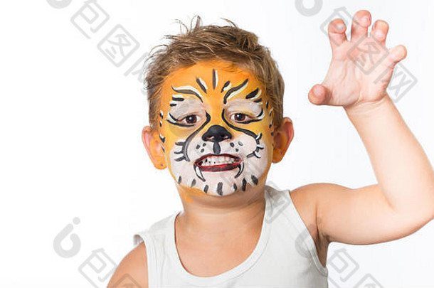 可爱的男孩孩子脸绘画老虎狮子