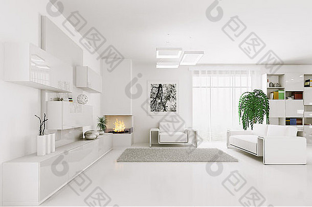 室内现代白色生活房间渲染