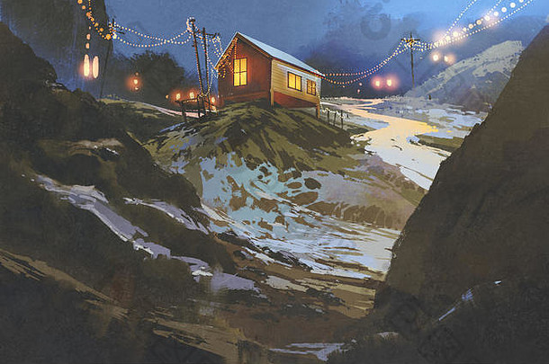 晚上风景木房子山冬天插图绘画