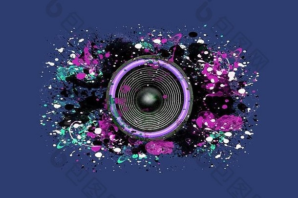 紫色的音乐演讲者摊油漆蓝色的背景