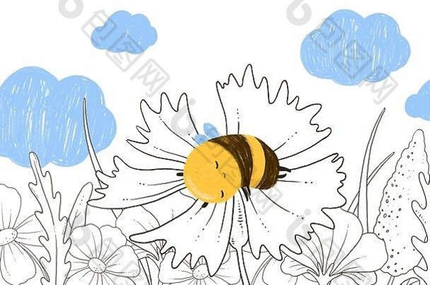 手画可爱的蜂蜜蜜蜂睡眠大纲花云