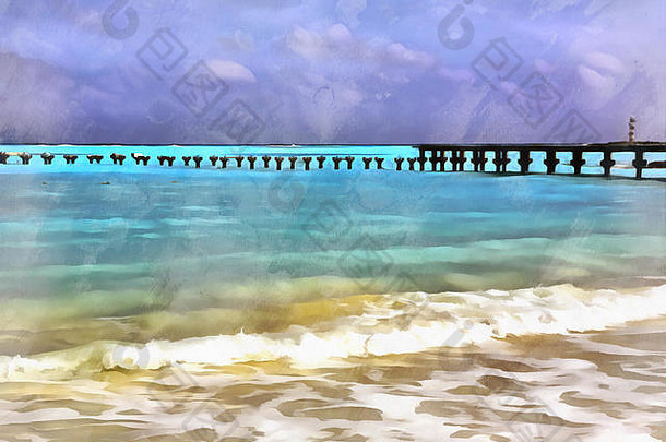 海海滩景观色彩斑斓的绘画坎昆墨西哥
