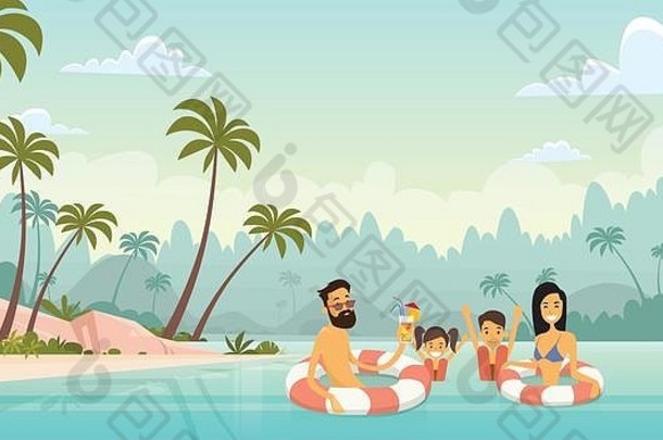 大家庭游泳假期海海边夏天假期父母孩子们