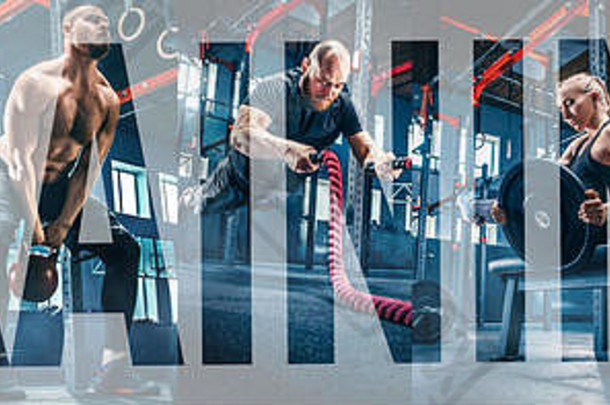 拼贴画但战斗绳子女人健身健身房健身房体育运动绳子培训运动员锻炼练习概念信拼贴画