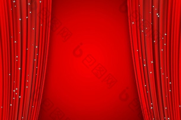 红色的窗帘红色的背景闪闪发光的星星开放窗帘电影演讲电影奖公告