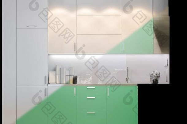 插图小公寓柔和的颜色interor设计厨房现代风格
