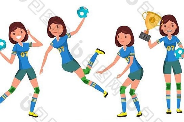 手球年轻的女人球员向量女孩运动员抛出球跳攻击数字平卡通插图