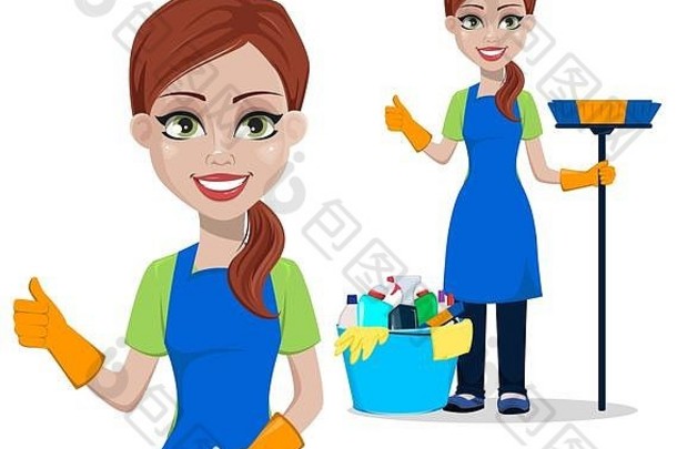 清洁公司工作人员统一的集提出了女人卡通字符更清洁的拇指手势桶完整的洗涤剂向量