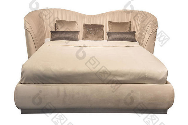 奢侈品米色现代床上家具有图案的枕头莱茵石皮革室内装潢床头板软丝绒织物床上用品经典现代家具孤立的背景