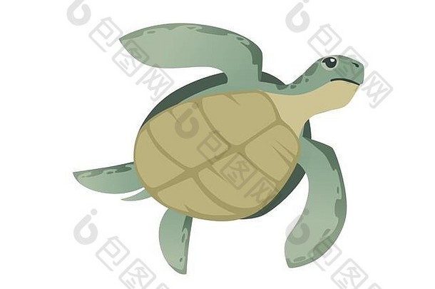 大绿色海乌龟卡通可爱的动物设计海洋乌龟游泳水平向量插图孤立的白色背景