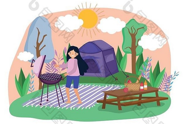 年轻的女人烹饪烧烤野餐公园向量插图