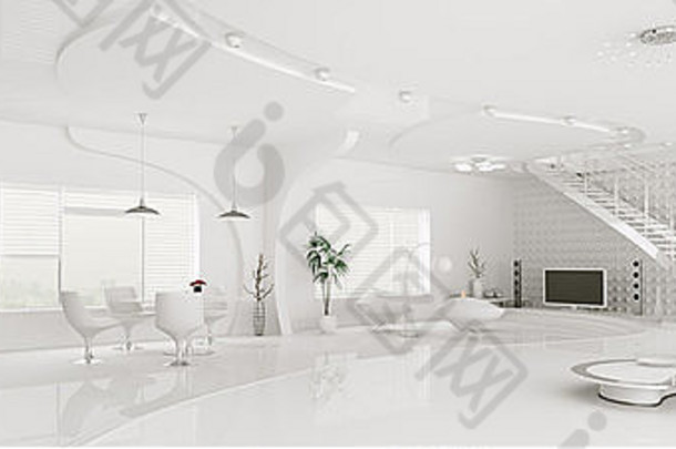 室内现代白色公寓生活餐厅房间厨房全景渲染