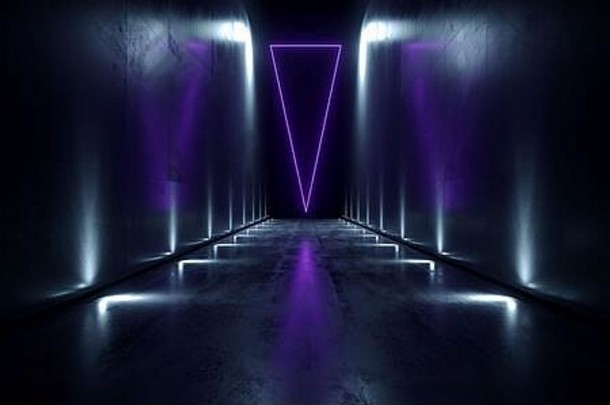sci未来主义的霓虹灯发光的三角形黑暗长高走廊混凝土难看的东西路径蓝色的白色灯大气晚上路外星人宇宙飞船车库